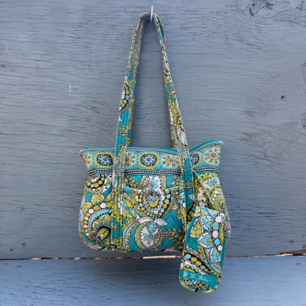 🦚Retired Vera Bradley Emerald Peacock Shoulder Bag & Mini Clip-on Pouch Set 🦚